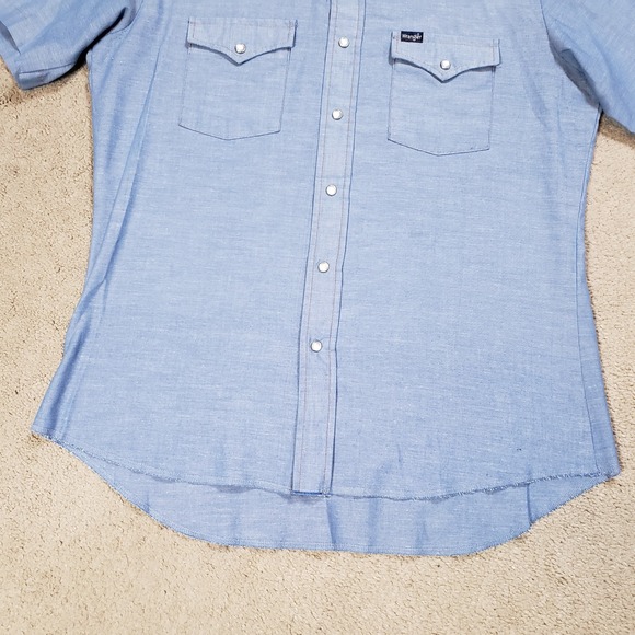 Vintage Wrangler Western Shirt Men L Pearl Snap Short Sleeve Blue Denim Chambray - Picture 4 of 9